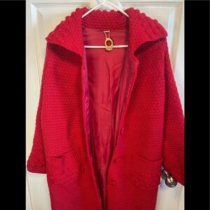 Handmade crochet vintage long red coat